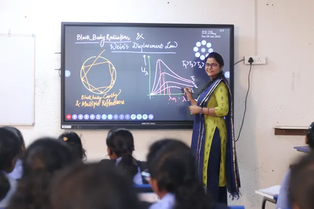A teacher explaining a physics diagram on an interactive smart board.
